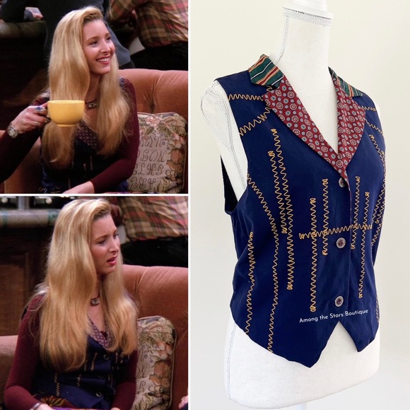 Extremely Rare 90s Vintage Mixed Print Navy Vest ASO Phoebe Buffay in Friends - Picture 4 of 13